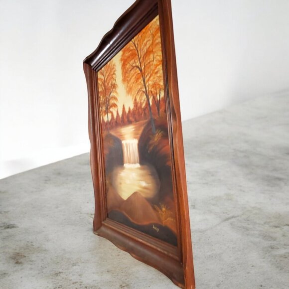 Vintage Original Oil On Canvas in Frame - Fall Lake Waterfall Scene - Signed - Picture 3 of 6